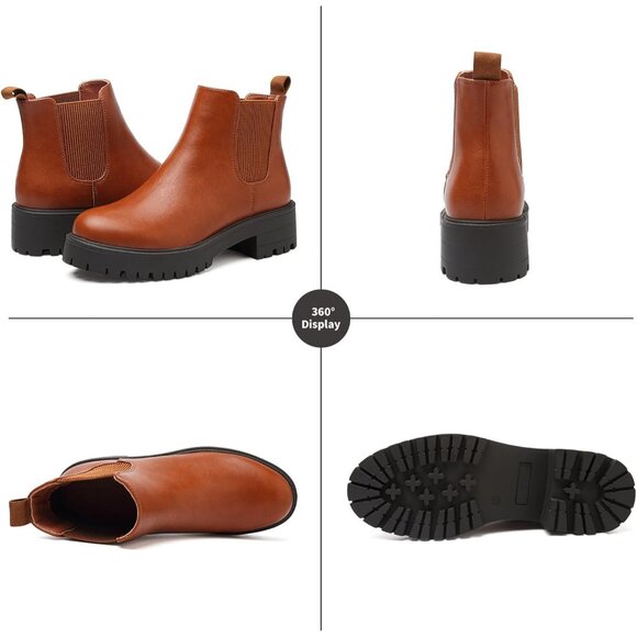 Girls Brown Pull-On Fall Chelsea Boots Water-Resistant PU Ankle Heel Boots - Picture 4 of 7